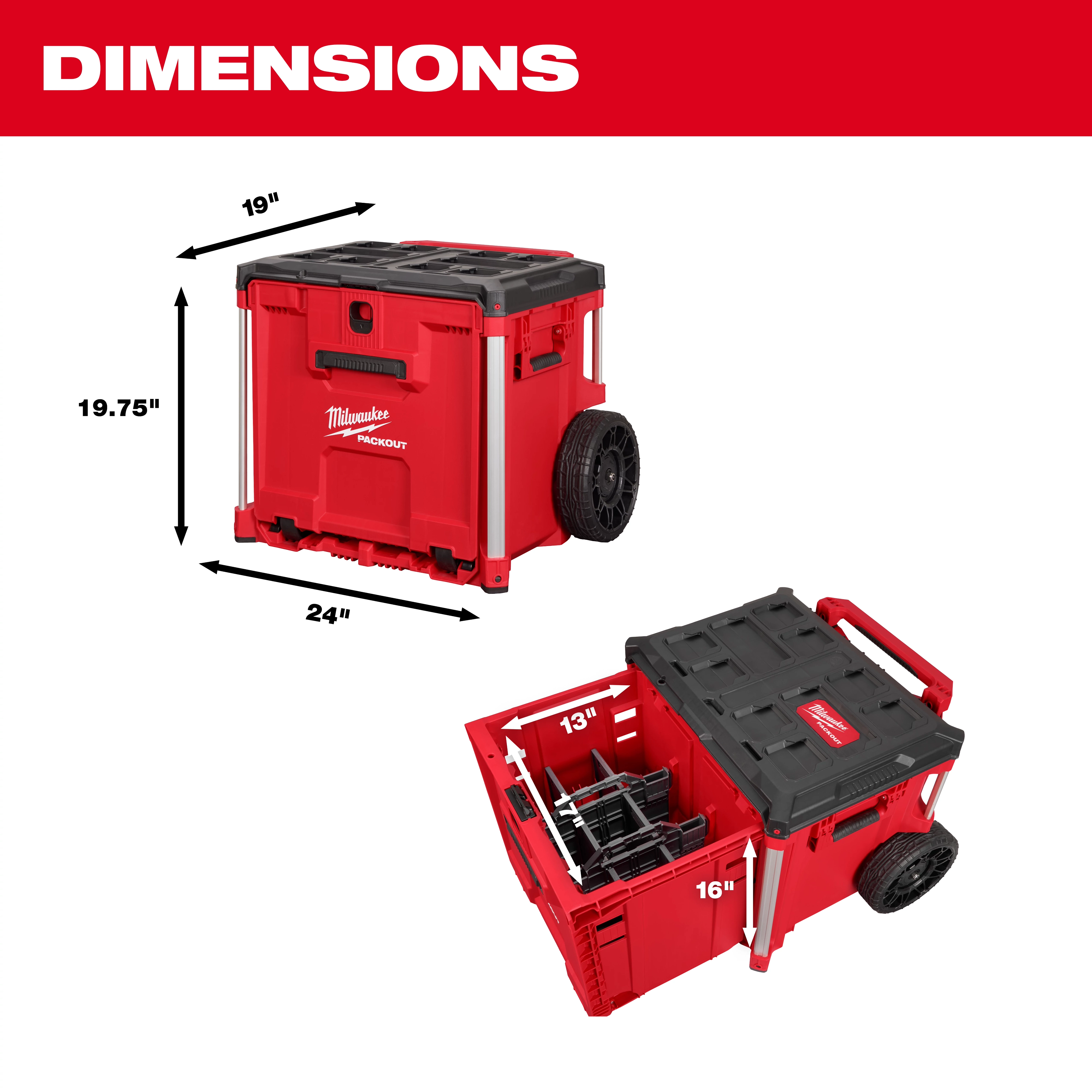 The image shows the red Milwaukee PACKOUT™ Rolling Drawer Tool Box with dimensions: 24" wide, 19" long, and 19.75" tall. The open drawer reveals interior dimensions of 13" by 16". It has large wheels and a handle for easy transportation.