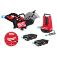 Image of an MX FUEL™ 14" Cut-Off Saw w/ RAPIDSTOP™ Brake. Pictured with a red blade, two batteries, and a red charger. The saw and accessories are branded Milwaukee, with distinct red and black colors. The blade is labeled “General Purpose” and “Diamond Ultra”.