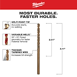Milwaukee 5/32 in. Cobalt Red Helix Twist Drill Bit features a split point tip for accurate starts, a variable helix for faster material removal, and a thicker tapered web for increased strength. Dimensions highlighted are 2.01 inches and 3.11 inches. Text reads: "Most durable. Faster holes."