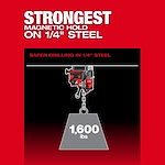 The image shows a red M18 FUEL™ 1-1/2" Lineman Magnetic Drill High Demand™ holding a 1,600 lbs weight suspended from 1/4" steel. The text reads, "STRONGEST MAGNETIC HOLD ON 1/4" STEEL" and "SAFER DRILLING IN 1/4" STEEL." The background is red and black.