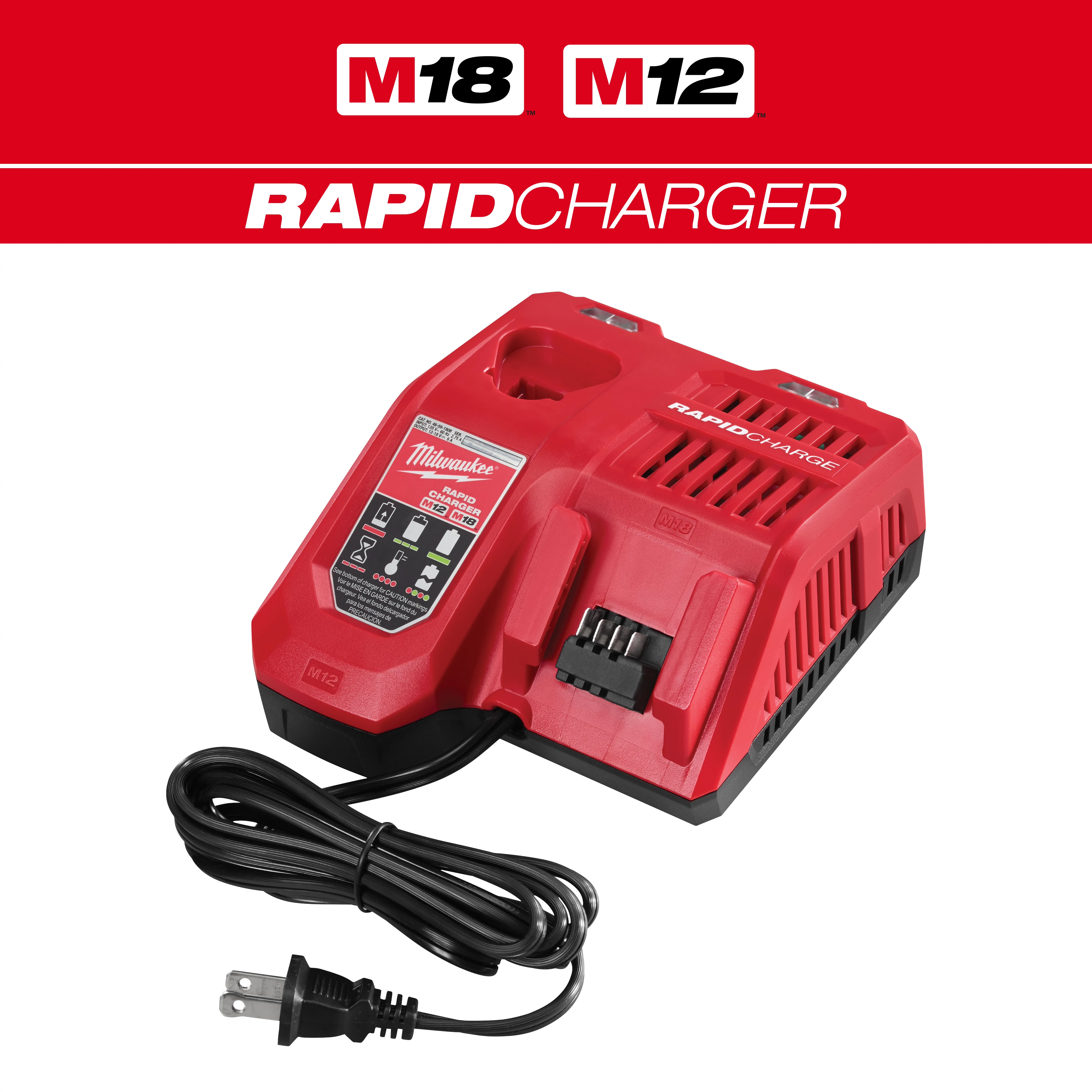 Red M18 & M12 Rapid Charger with multiple charging ports, status indicators, and a detachable power cable with a plug.
