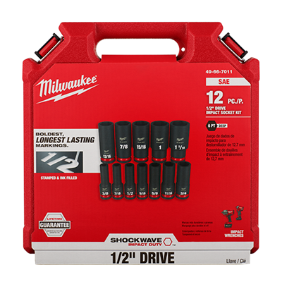 12PCSHOCKWAVE Impact Duty™ 1/2" Drive SAE Deep 6 Point Socket Set